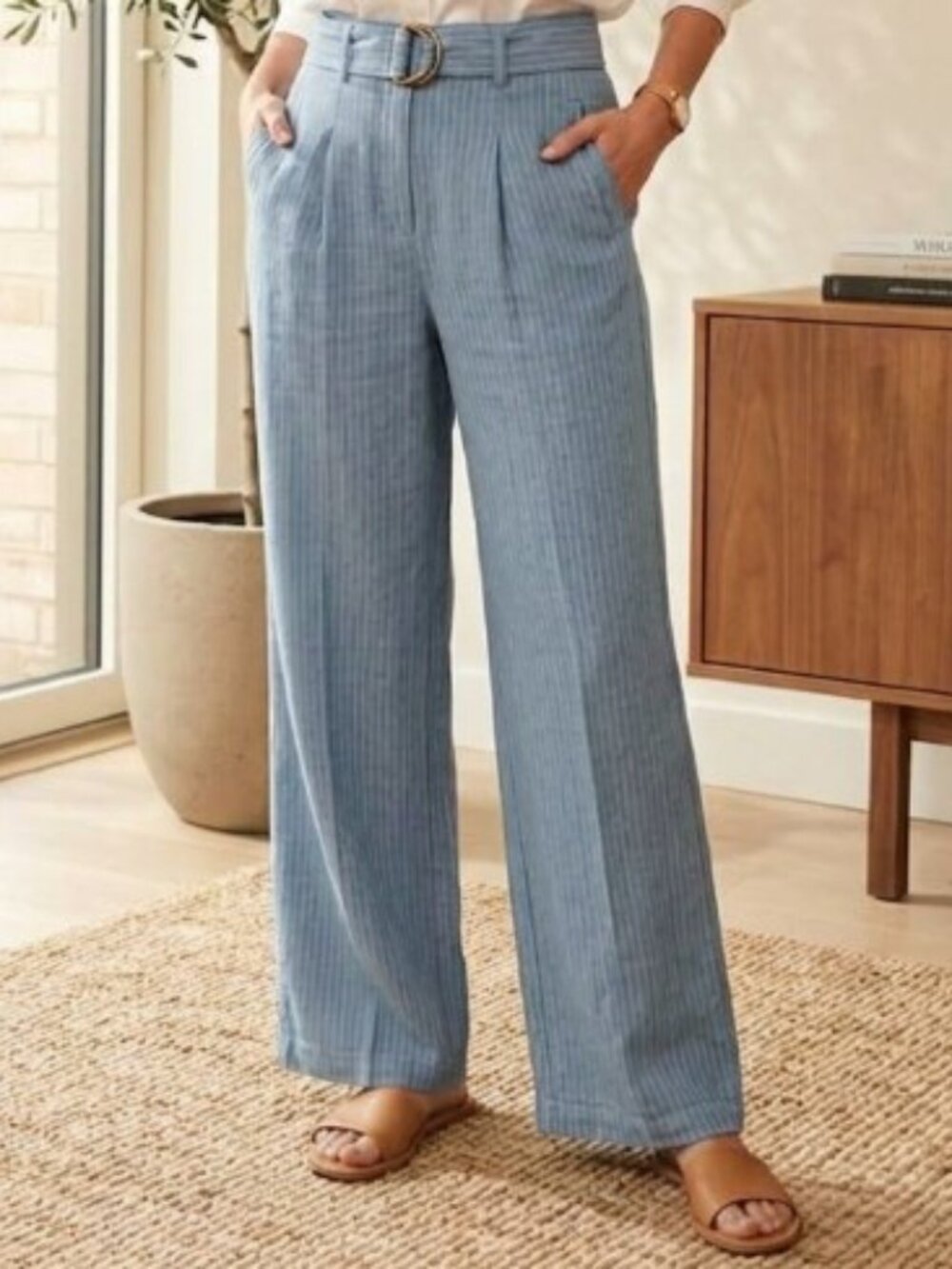 Wrap London 100% Linen Pinstripe Wide Leg Trouser Pants 4 6
